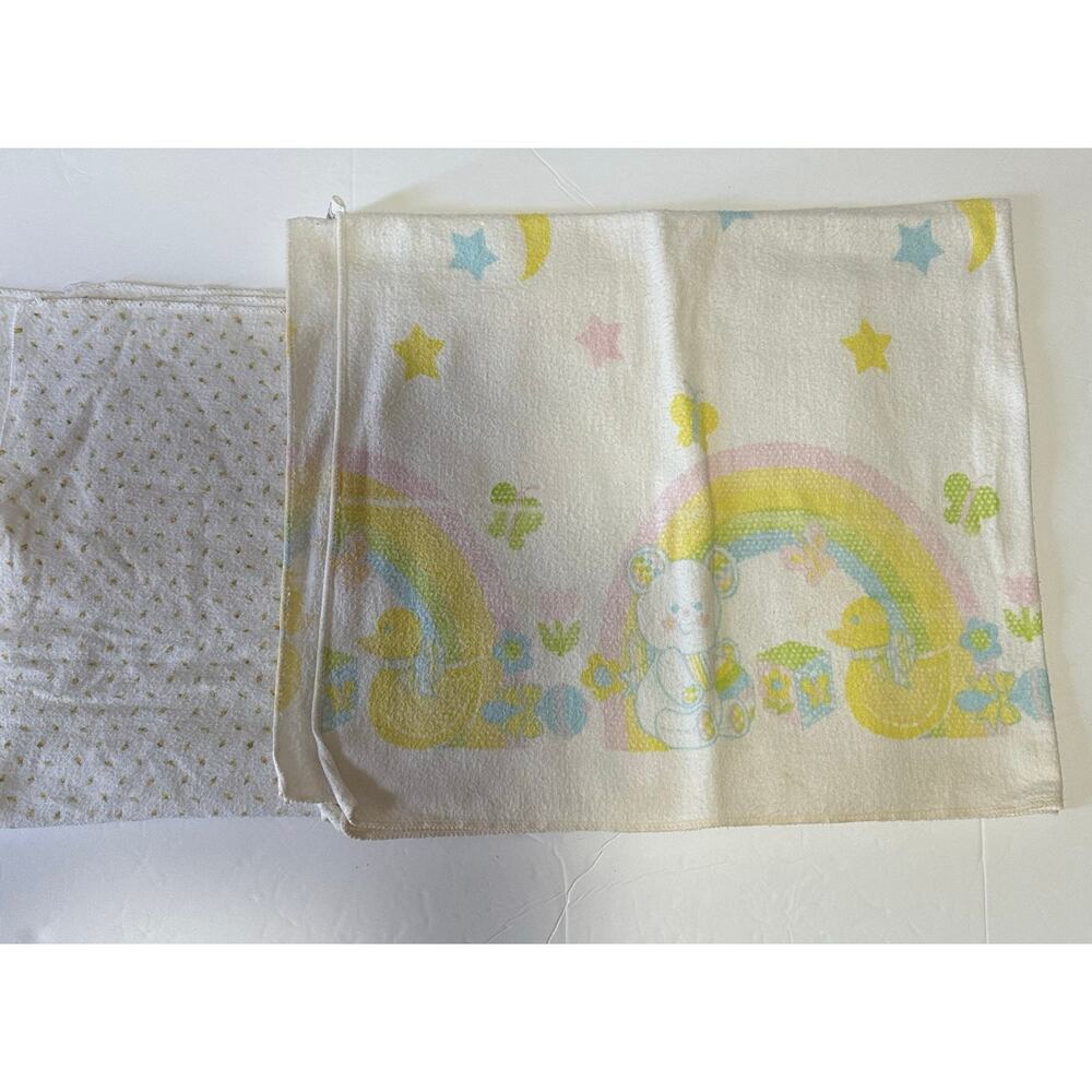 Vintage Riegel Teddy Beddy Bear Duck Rainbow Receiving Blanket Baby Swaddle 80's